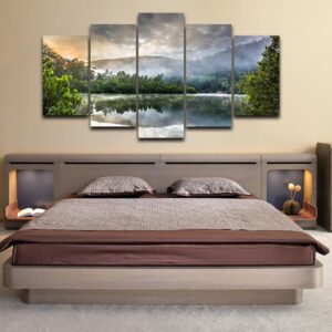 Reflection Of Trees On Surface Of Water Nature Scenery - Nature 5 Panel Canvas Art Wall Decor