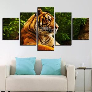 Resting Tiger In The Forest - Animal 5 Panel Canvas Art Wall Decor