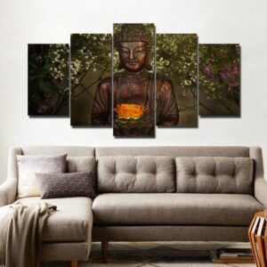 Retro Buddha Statue in flower - Religion 5 Panel Canvas Art Wall Decor