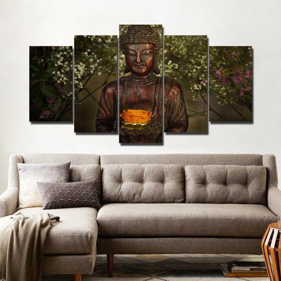Retro Buddha Statue in flower - Religion 5 Panel Canvas Art Wall Decor Retro Buddha Statue in flower - Religion 5 Panel Canvas Art Wall Decor