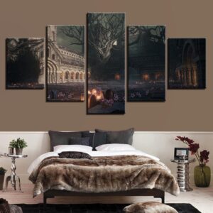 Retro Building And Tree Flower - Nature 5 Panel Canvas Art Wall Decor