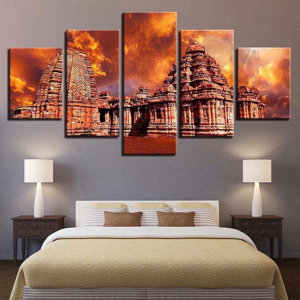 Retro Buildings Sunset - Nature 5 Panel Canvas Art Wall Decor Retro Buildings Sunset - Nature 5 Panel Canvas Art Wall Decor