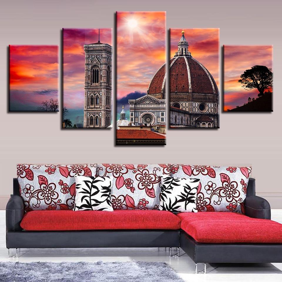 Retro Buildings Sunshine - Nature 5 Panel Canvas Art Wall Decor Retro Buildings Sunshine - Nature 5 Panel Canvas Art Wall Decor