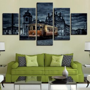 Retro European City Building Tram - Nature 5 Panel Canvas Art Wall Decor