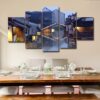 Retro House And Bridge 02 - Nature 5 Panel Canvas Art Wall Decor