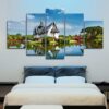 Retro House And Bridge Green Trees - Nature 5 Panel Canvas Art Wall Decor