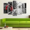 Retro Red Bike On A Cobblestone Street Of An Old Town - Automative 5 Panel Canvas Art Wall Decor