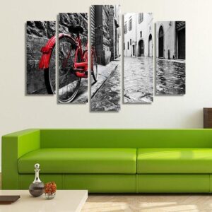Retro Red Bike On A Cobblestone Street Of An Old Town - Automative 5 Panel Canvas Art Wall Decor