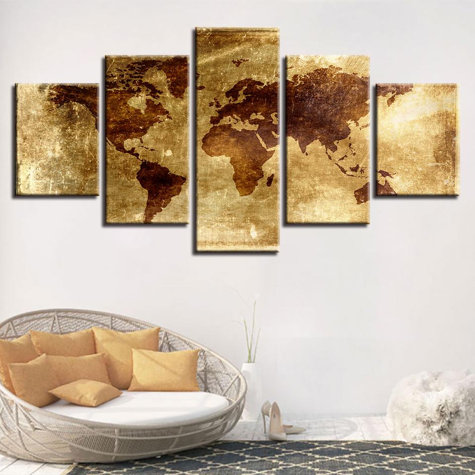 Retro World Map - Abstract 5 Panel Canvas Art Wall Decor Retro World Map - Abstract 5 Panel Canvas Art Wall Decor