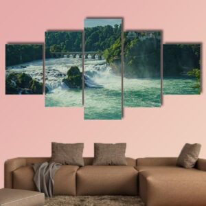 Rhine Falls With Laufen Castle In Zurich - Nature 5 Panel Canvas Art Wall Decor