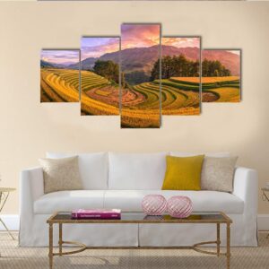 Rice Fields On Terraced With Pine Tree At Sunset - Nature 5 Panel Canvas Art Wall Decor