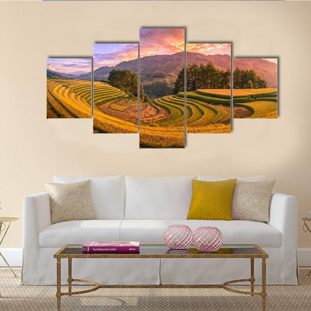 Rice Fields On Terraced With Pine Tree At Sunset - Nature 5 Panel Canvas Art Wall Decor Rice Fields On Terraced With Pine Tree At Sunset - Nature 5 Panel Canvas Art Wall Decor
