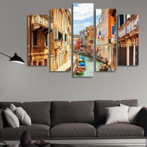 Rio Marin Canal Boats Gondolas - Nature 5 Panel Canvas Art Wall Decor
