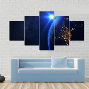 Rising Blue Sun On Planet Earth - Space 5 Panel Canvas Art Wall Decor