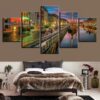 River And Building Ship - Nature 5 Panel Canvas Art Wall Decor