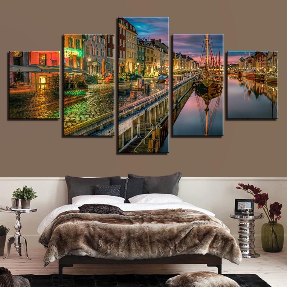 River And Building Ship - Nature 5 Panel Canvas Art Wall Decor River And Building Ship - Nature 5 Panel Canvas Art Wall Decor