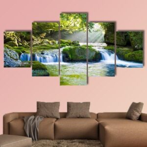 River And Shaft Beam Of Light - Nature 5 Panel Canvas Art Wall Decor