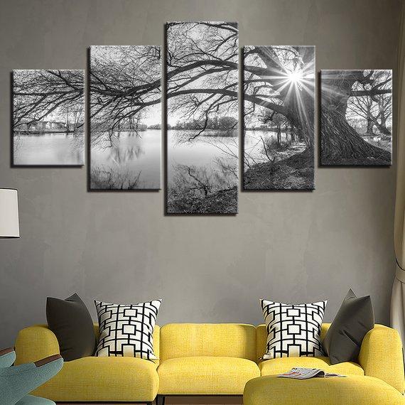 River Black And White 2 - Nature 5 Panel Canvas Art Wall Decor River Black And White 2 - Nature 5 Panel Canvas Art Wall Decor