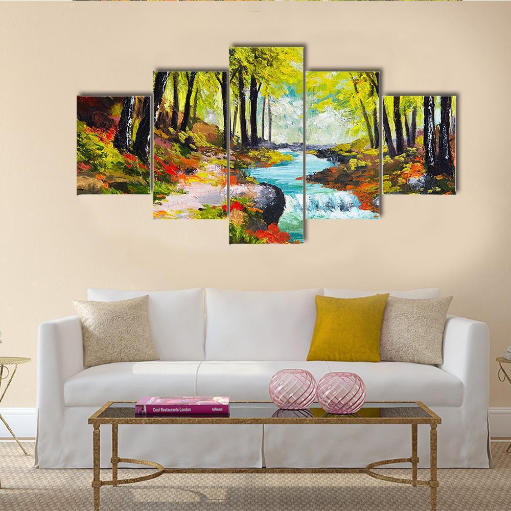 River In Autumn Forest - Abstract Nature 5 Panel Canvas Art Wall Decor River In Autumn Forest - Abstract Nature 5 Panel Canvas Art Wall Decor