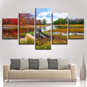 River Red And Green Forest - Nature 5 Panel Canvas Art Wall Decor