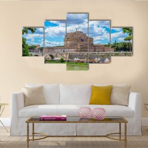 River Tiber And Castel Sant Angelo - Religion 5 Panel Canvas Art Wall Decor