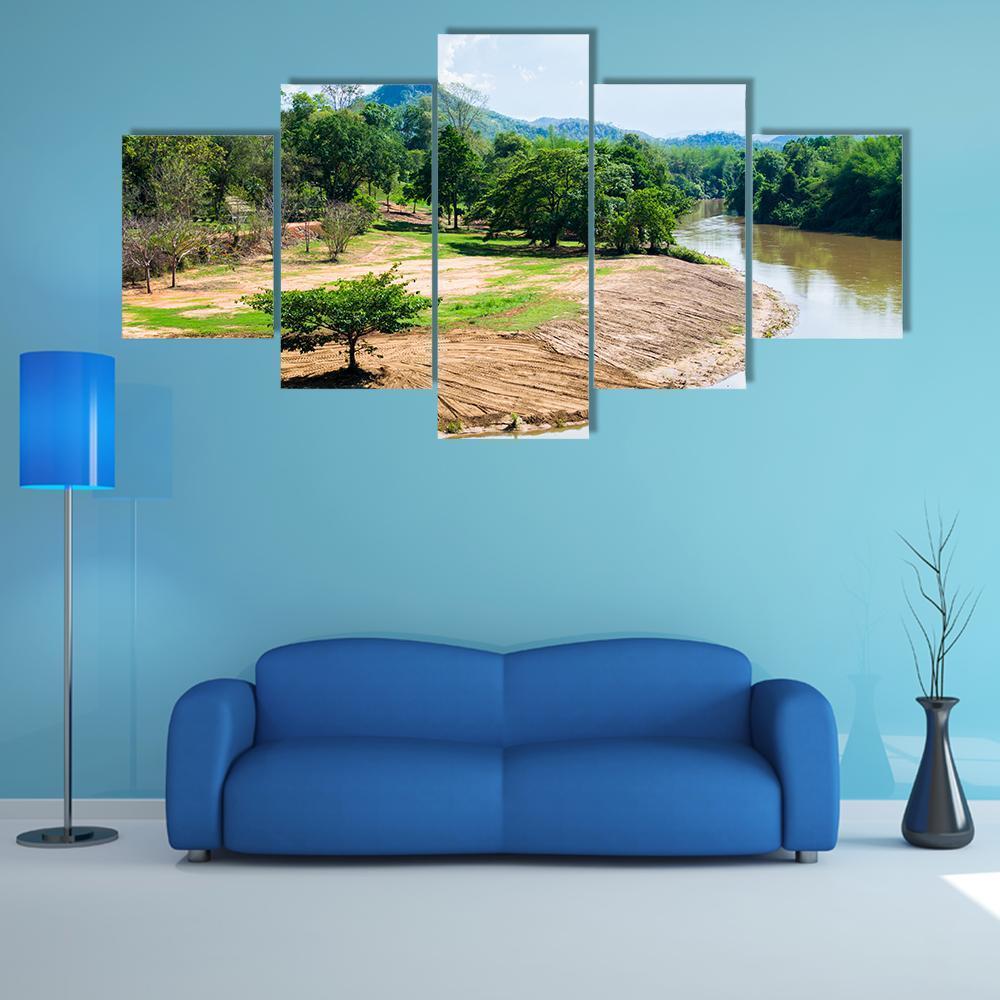 River View With Beautiful Mountains - Nature 5 Panel Canvas Art Wall Decor River View With Beautiful Mountains - Nature 5 Panel Canvas Art Wall Decor