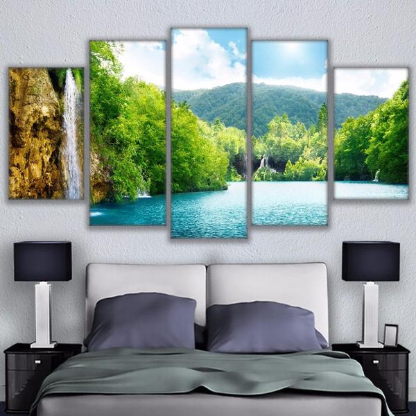 River Waterfall Mountain - Nature 5 Panel Canvas Art Wall Decor River Waterfall Mountain - Nature 5 Panel Canvas Art Wall Decor
