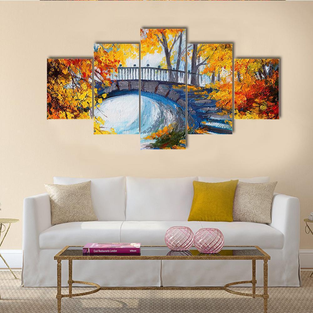 Road And Bridge In Autumn Forest - Abstract Nature 5 Panel Canvas Art Wall Decor Road And Bridge In Autumn Forest - Abstract Nature 5 Panel Canvas Art Wall Decor