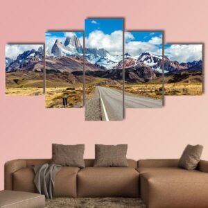 Road And Mountain Panorama With Fitz Roy Peak - Nature 5 Panel Canvas Art Wall Decor