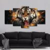 Roaring Burning Tiger - Animal 5 Panel Canvas Art Wall Decor