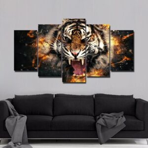 Roaring Burning Tiger - Animal 5 Panel Canvas Art Wall Decor