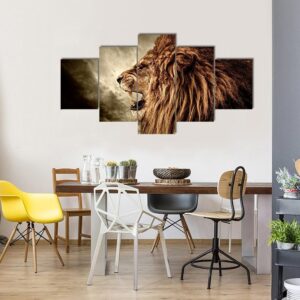 Roaring Lion Against Stormy Sky - Animal 5 Panel Canvas Art Wall Decor