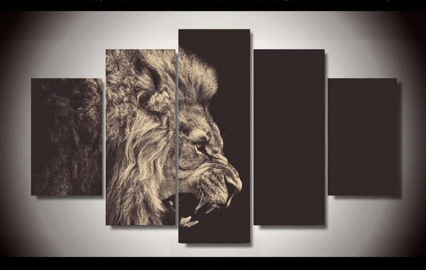 Roaring Lion - Animal 5 Panel Canvas Art Wall Decor Roaring Lion - Animal 5 Panel Canvas Art Wall Decor