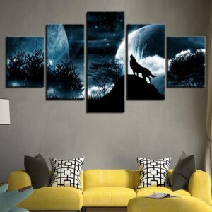 Roaring Wolf in Moon - Animal 5 Panel Canvas Art Wall Decor