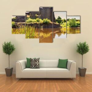 Rock Of Basalt With Reflection On Water Lake - Nature 5 Panel Canvas Art Wall Decor