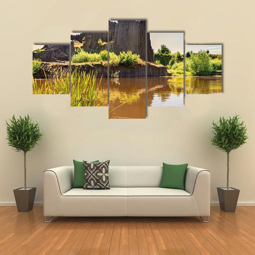 Rock Of Basalt With Reflection On Water Lake - Nature 5 Panel Canvas Art Wall Decor Rock Of Basalt With Reflection On Water Lake - Nature 5 Panel Canvas Art Wall Decor