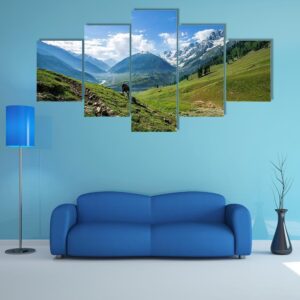 Rocky Mountains And Green Field In Jammu And Kashmir - Nature 5 Panel Canvas Art Wall Decor