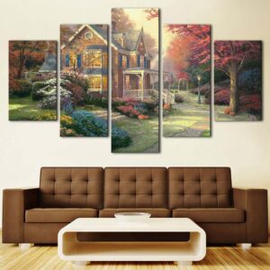 Romantic House Building Landscape - Nature 5 Panel Canvas Art Wall Decor