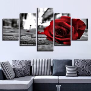 Romantic Red Rose Flowers - Nature 5 Panel Canvas Art Wall Decor