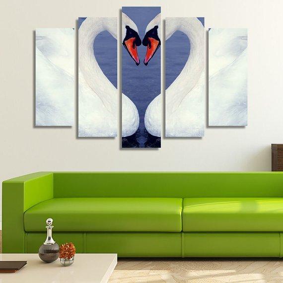 Romantic Swans Touching Their Heads - Animal 5 Panel Canvas Art Wall Decor Romantic Swans Touching Their Heads - Animal 5 Panel Canvas Art Wall Decor
