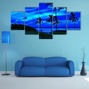 Romantic Tropical Beach At Night With A Bright Full Moon - Nature 5 Panel Canvas Art Wall Decor