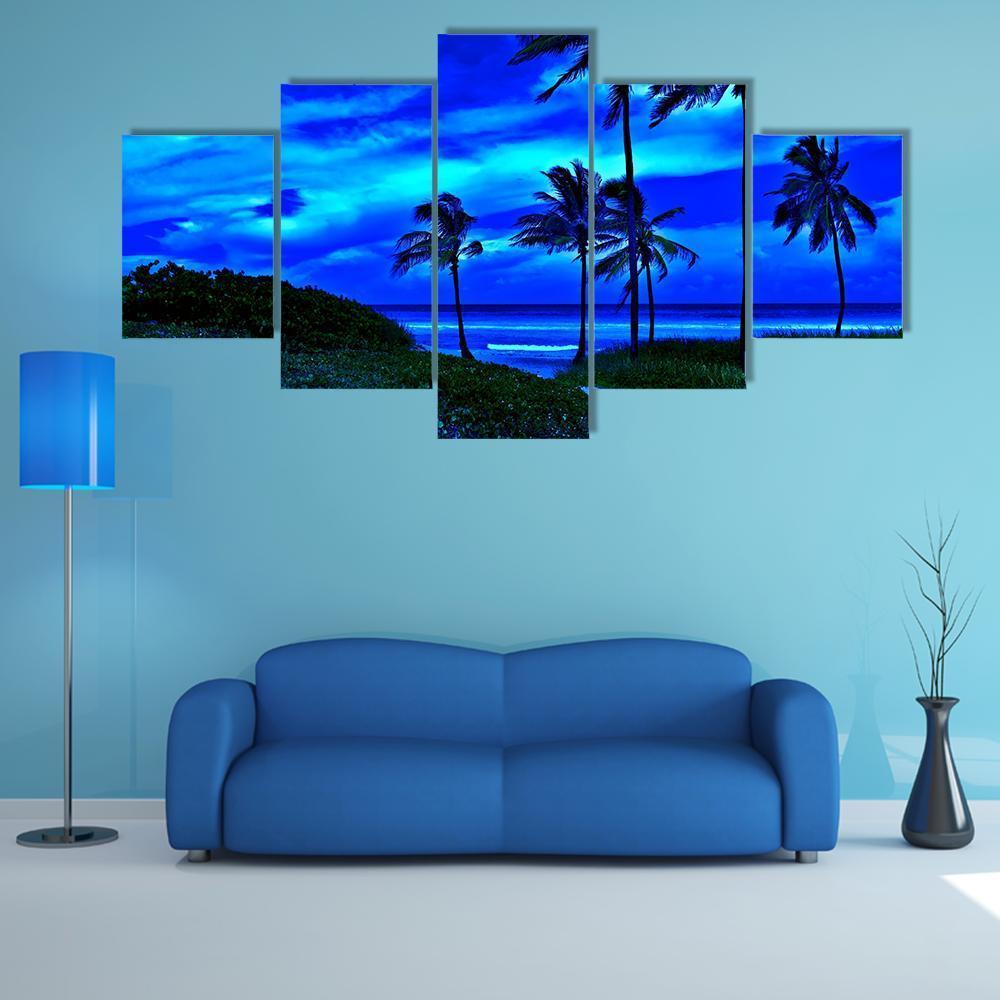 Romantic Tropical Beach At Night With A Bright Full Moon - Nature 5 Panel Canvas Art Wall Decor Romantic Tropical Beach At Night With A Bright Full Moon - Nature 5 Panel Canvas Art Wall Decor