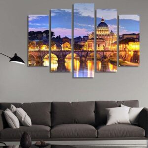 Rome Italy View At Night - Nature 5 Panel Canvas Art Wall Decor