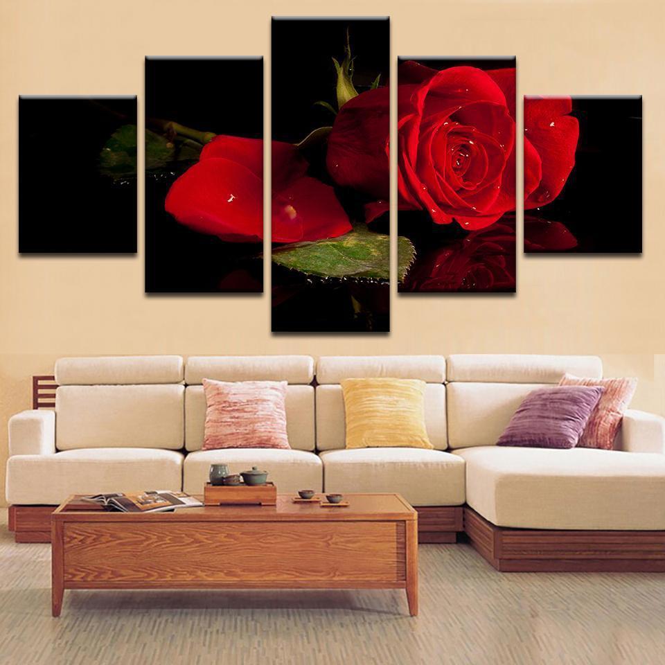 Rose With Water Droplets - Nature 5 Panel Canvas Art Wall Decor Rose With Water Droplets - Nature 5 Panel Canvas Art Wall Decor