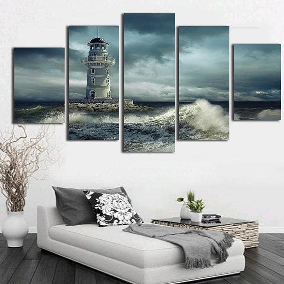 Rough Seas Lighthouse - Nature 5 Panel Canvas Art Wall Decor Rough Seas Lighthouse - Nature 5 Panel Canvas Art Wall Decor