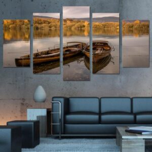 Row Boats In Lake At Evening - Nature 5 Panel Canvas Art Wall Decor