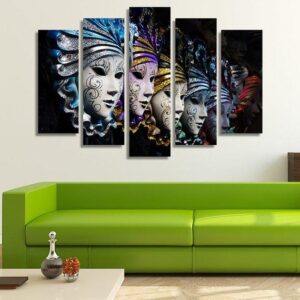 Row Of Venetian Masks - Religion 5 Panel Canvas Art Wall Decor