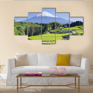 Rows Of Fresh Green Tea With Mount Fuji - Nature 5 Panel Canvas Art Wall Decor