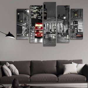 Royal Exchange London With Red Route Master Bus - Nature 5 Panel Canvas Art Wall Decor