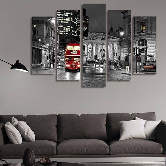 Royal Exchange London With Red Route Master Bus - Nature 5 Panel Canvas Art Wall Decor Royal Exchange London With Red Route Master Bus - Nature 5 Panel Canvas Art Wall Decor